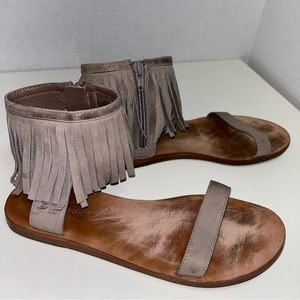 Kate Spade Alex Taupe Leather Fringe Open Toe Side Zip Flat Sandal